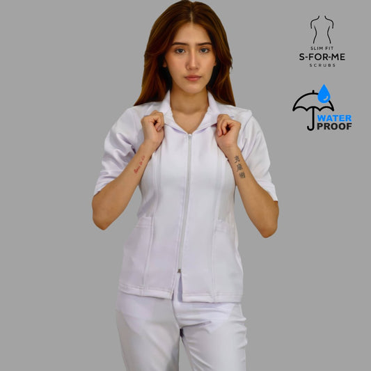 Filipina médica blanca Alviero stretch para mujer con cuello sport y cierre frontal