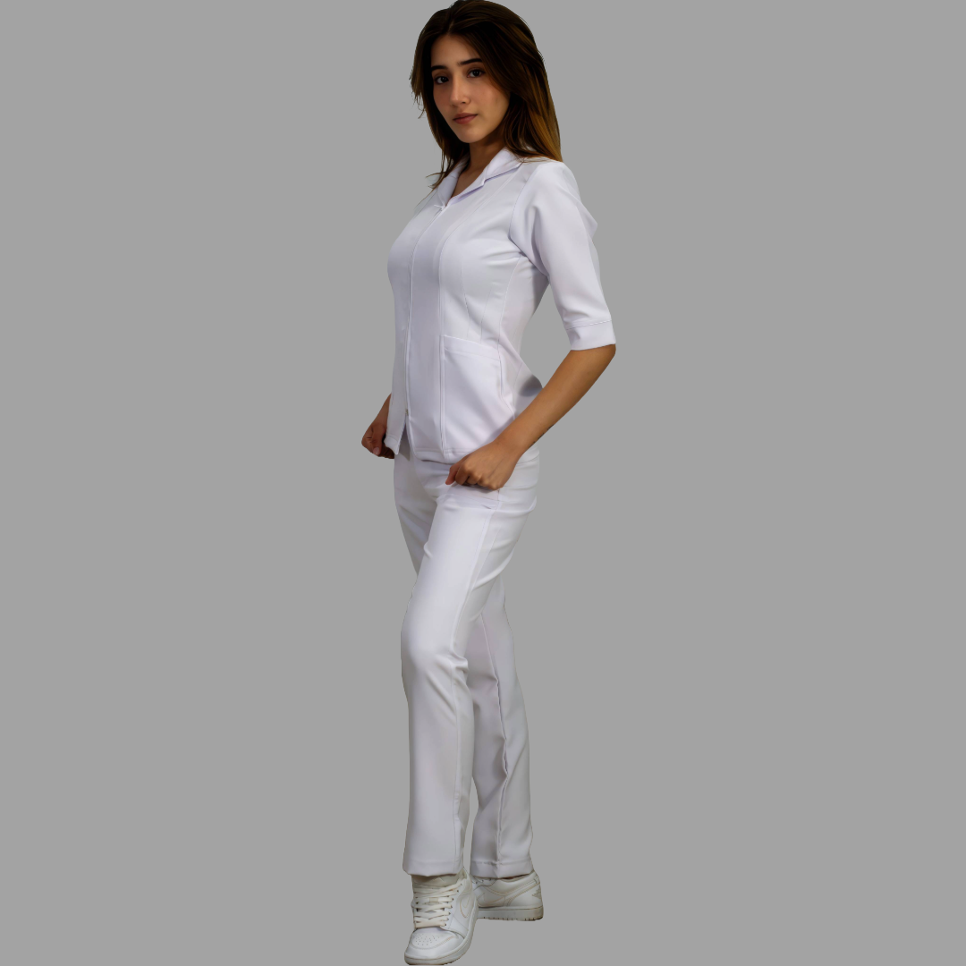 Filipina Médica Blanca Mujer Manga 3/4 Stretch Antifluido Cuello Sport