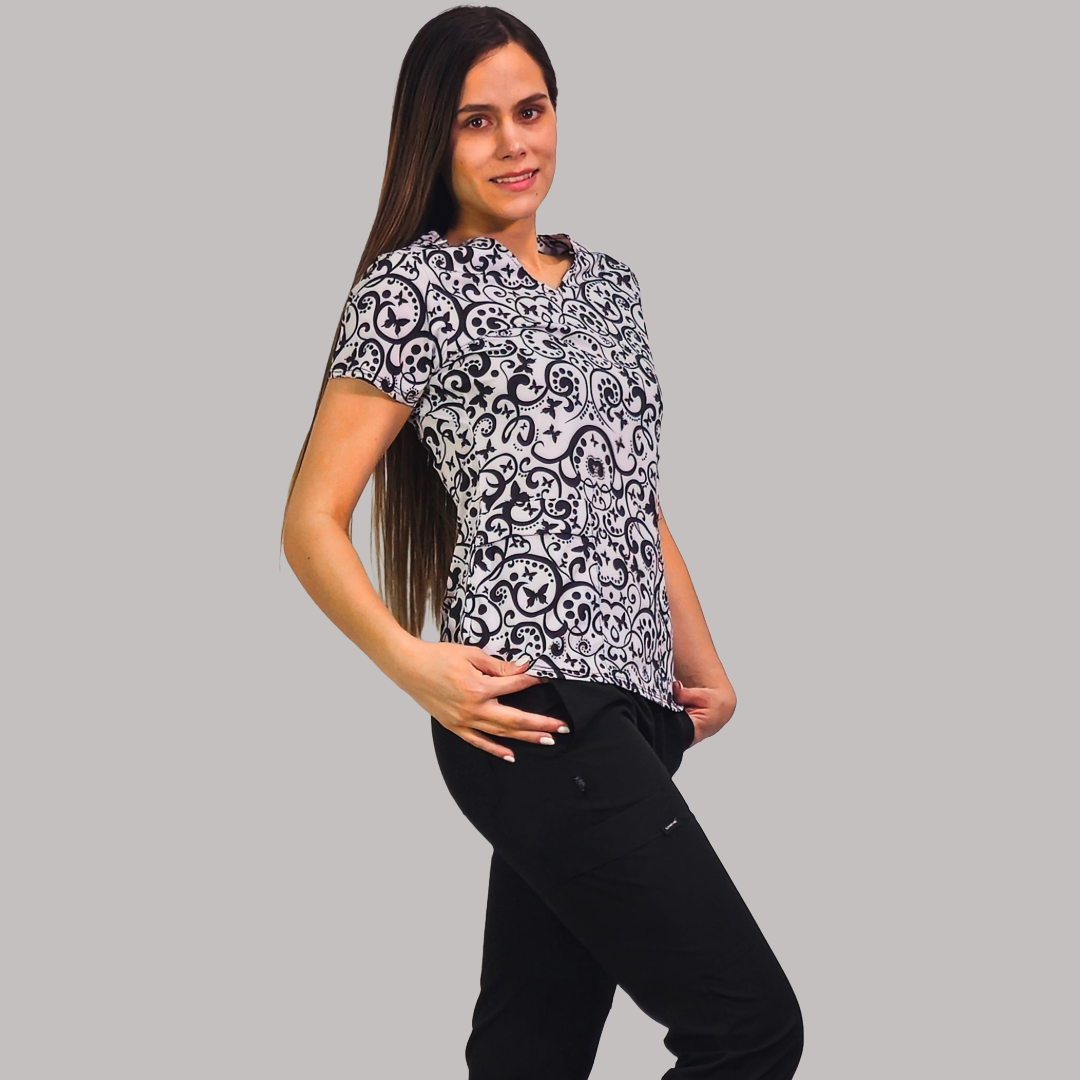 Filipina Quirurgica Para Scrubs, 600 Dama Estampado Black Butterfly