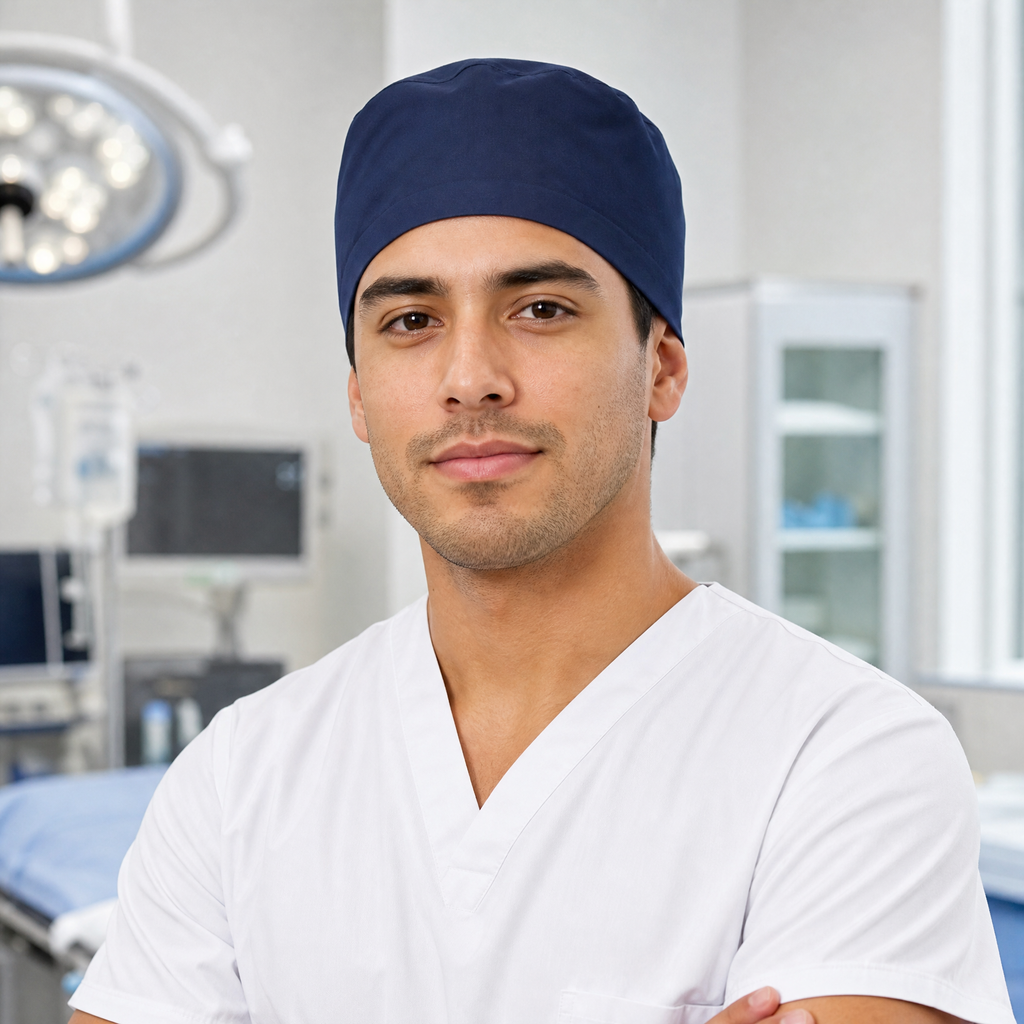 gorro quirurgico azul marino medico hombre uniforme blanco quirofano Sandel Medica