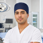 gorro quirurgico azul marino medico hombre uniforme blanco quirofano Sandel Medica