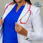 bata medica antifluido mujer con uniforme clinico Sandel Medica