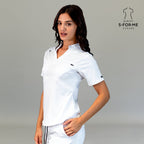 Women’s white scrub top side angle with 4-way stretch comfort