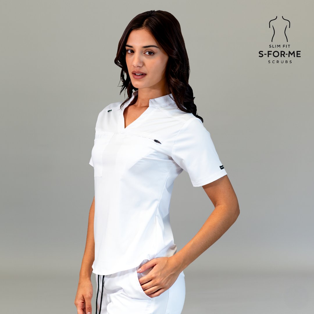 Women’s white scrub top side angle with 4-way stretch comfort