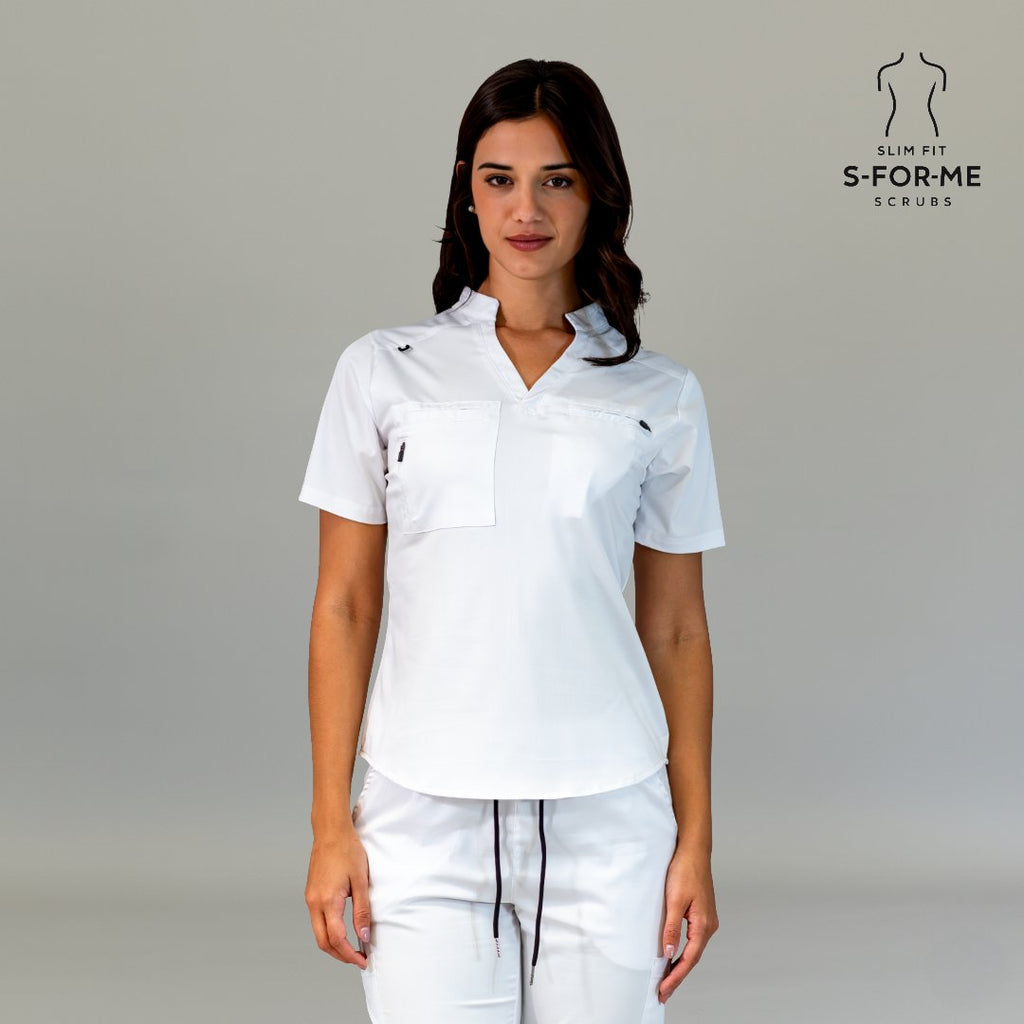 Women’s white scrub top 511 straight front view