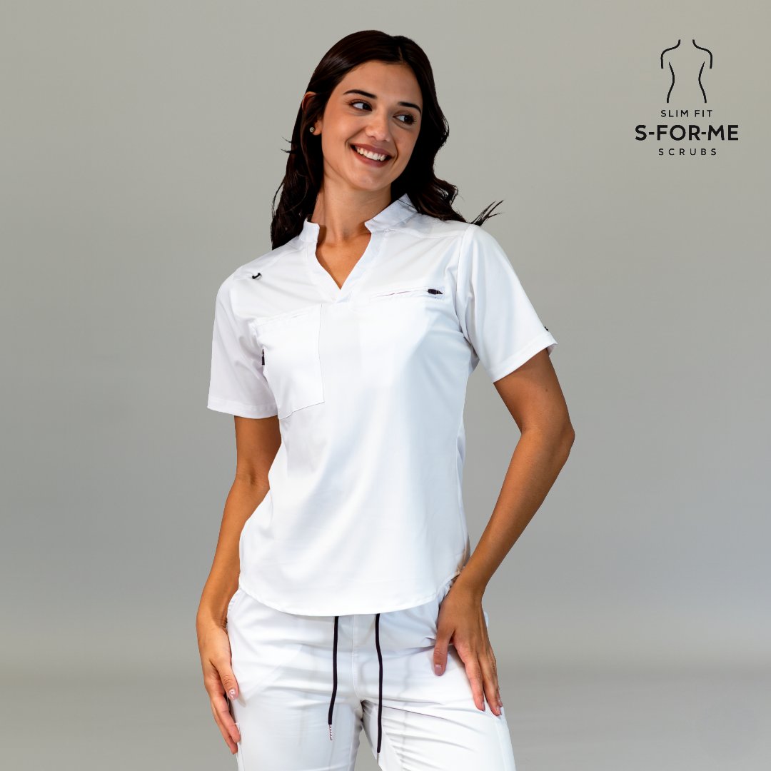 Women’s white 4-way stretch scrub top with matching scrub pants