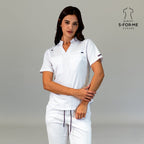 White women’s scrub top with short sleeves and professional fit