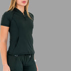 Close up side angle of a woman in a bottle green 920 super stretch scrub top.