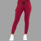 Front view of burgundy women's joggers 920, standing straight with feet slightly apart.