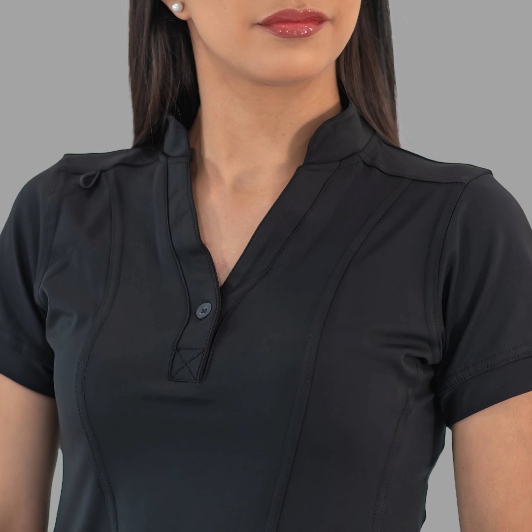 Women's black Style 930 scrub top, close-up detail of neckline