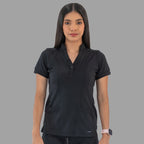 Women's black Style 930 scrub top, front view with arms relaxed