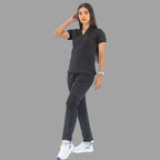 Women's black Style 930 scrub top, full body front three-quarter view