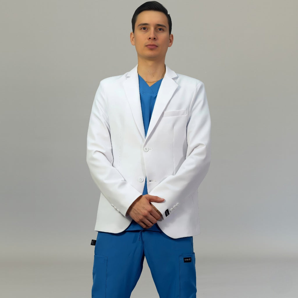 saco medico alviero blanco hombre con forro vista lateral Sandel Medica