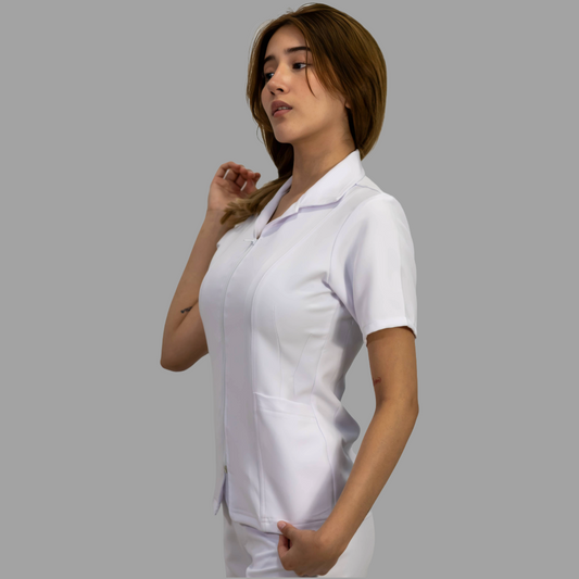 Filipina Pure White Stretch Cuello Sport Manga Corta Dama, Antifluido