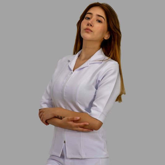 Filipina Stretch Extra Blanca Cuello Sport 3/4 Manga Dama, Antifluido