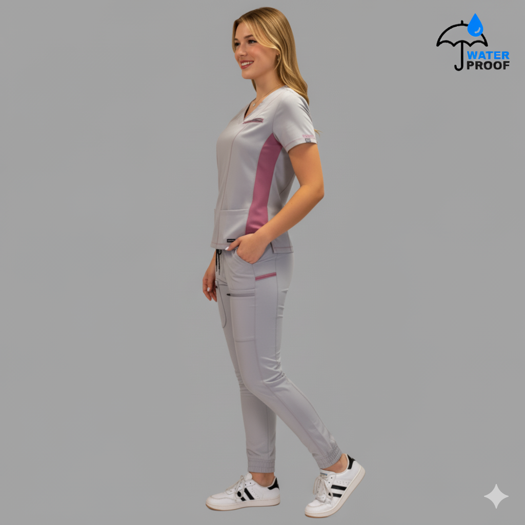 Conjunto Quirúrgico Antifluido Mujer – Estilo 300 Gris Perla/Palo de Rosa