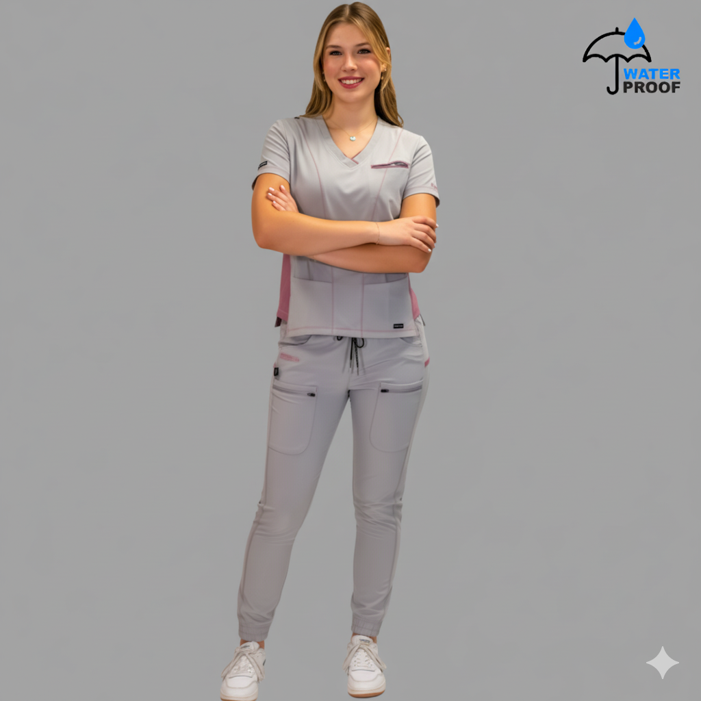 Conjunto Quirúrgico Antifluido Mujer – Estilo 300 Gris Perla/Palo de Rosa