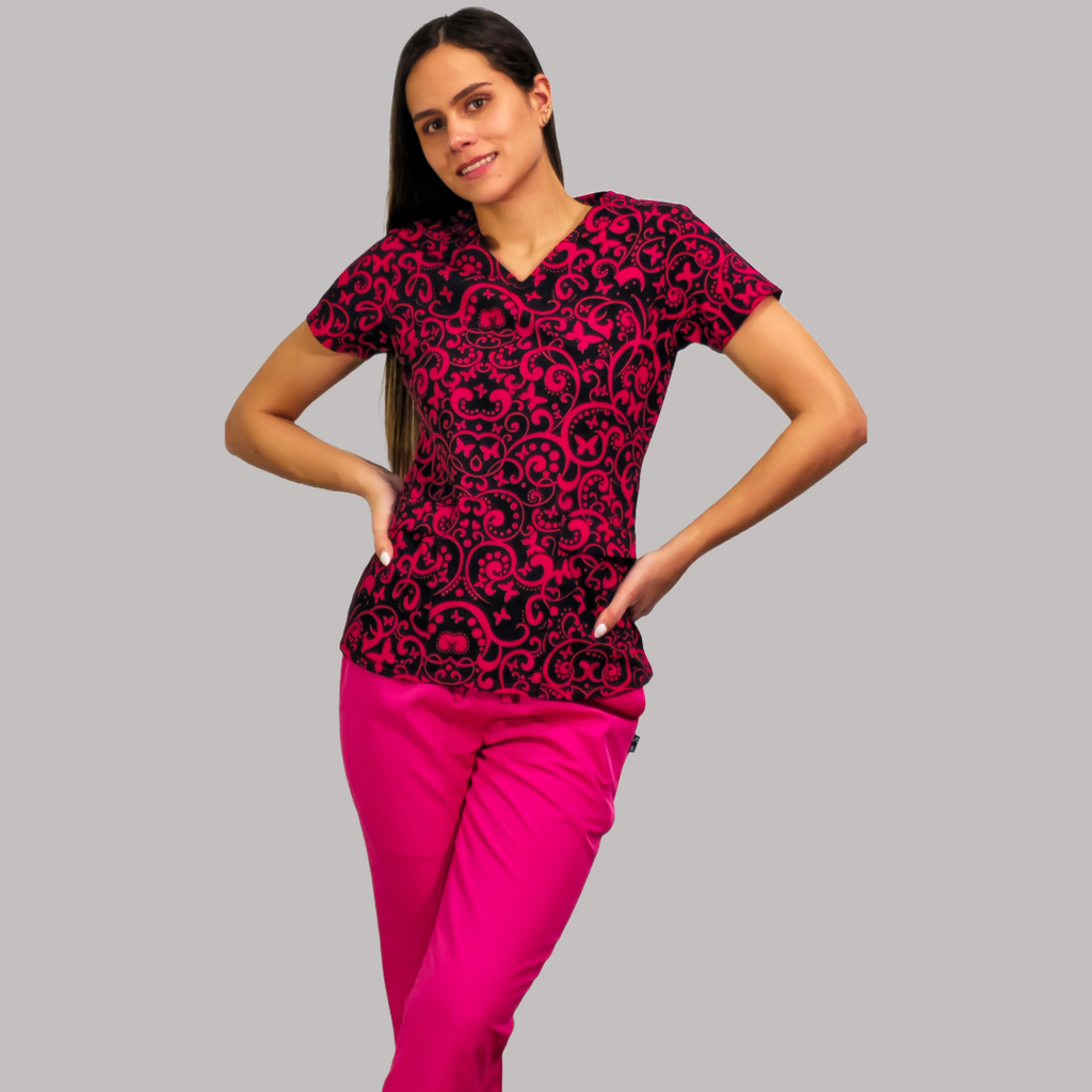 Filipina Dama Estamapado Negro/Fiusha, Scrubs 600 (Uniformes Medicos)