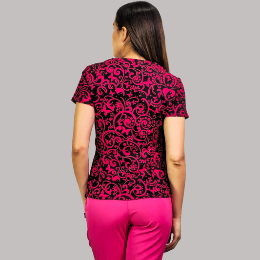 Filipina Dama Estamapado Negro/Fiusha, Scrubs 600 (Uniformes Medicos)