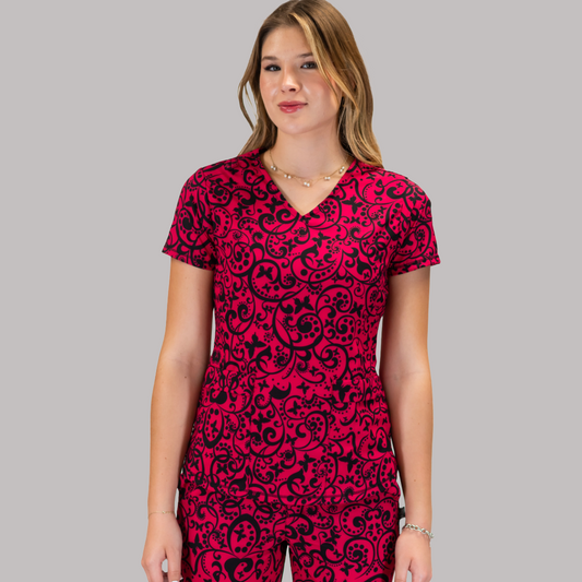 Filipina Dama Estamapado Fiusha/Negro, Scrubs 600 (Medical Uniforms)