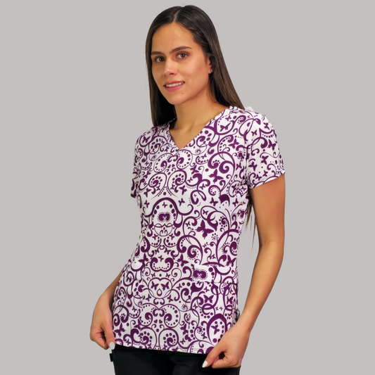 Filipina Quirurgica Dama Estampado Grape Butterfly, Scrubs 600 (Uniformes Médicos)