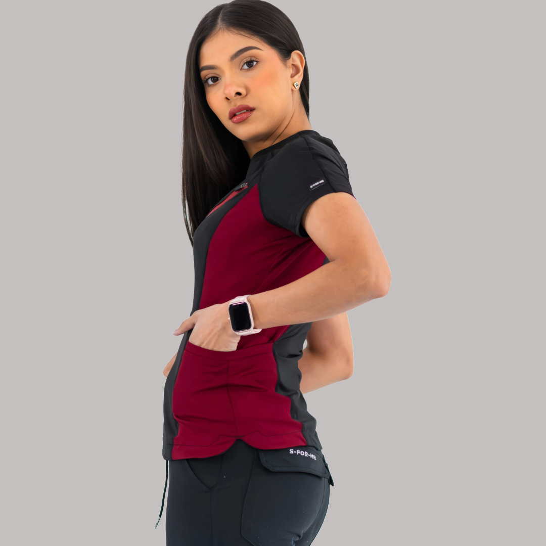 Conjunto Quirúrgico Mujer · Modelo 905 Super Stretch · Negro con Vino