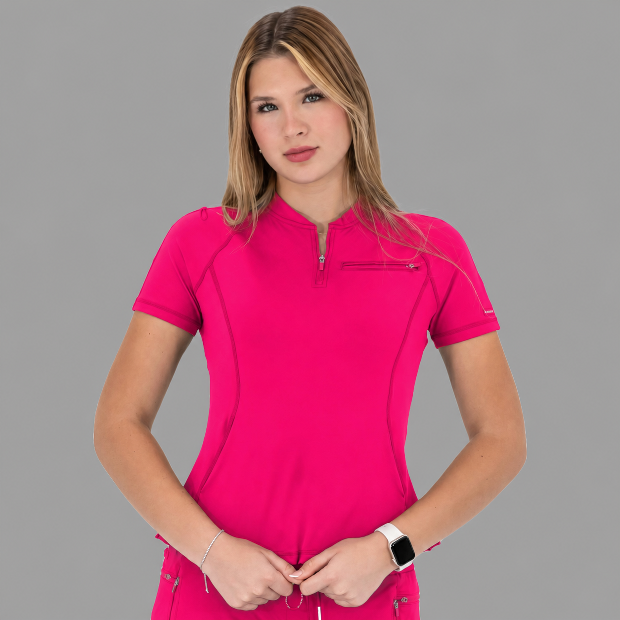 Filipina quirúrgica mujer 920 rosa fucsia super stretch — vista frontal superior con cremallera y bolsillo welt